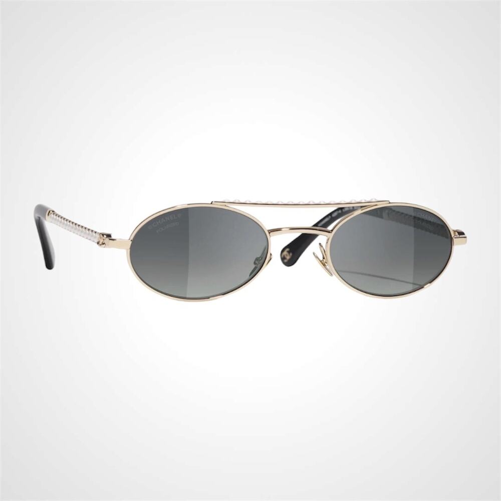 New CHANEL Sunglasses Gold Metal Polarized Oval White Pearl Arms Authentic Women - Picture 1 of 5